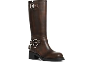 AMINUGAL Knee High Boots Women Square Toe Pull On Wide Calf Riding Fashion Buckles Chunky Metallic Casual Vintage Buckle Rivet