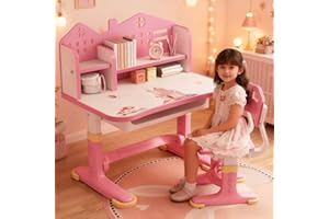 JENPECH Kids Desk and Chair Set, Height Adjustable Kids Desk with Cartoon Pattern, Widened Desktop, Book Stand and Storage Drawer for Boys & Girls 3+ (Pink)