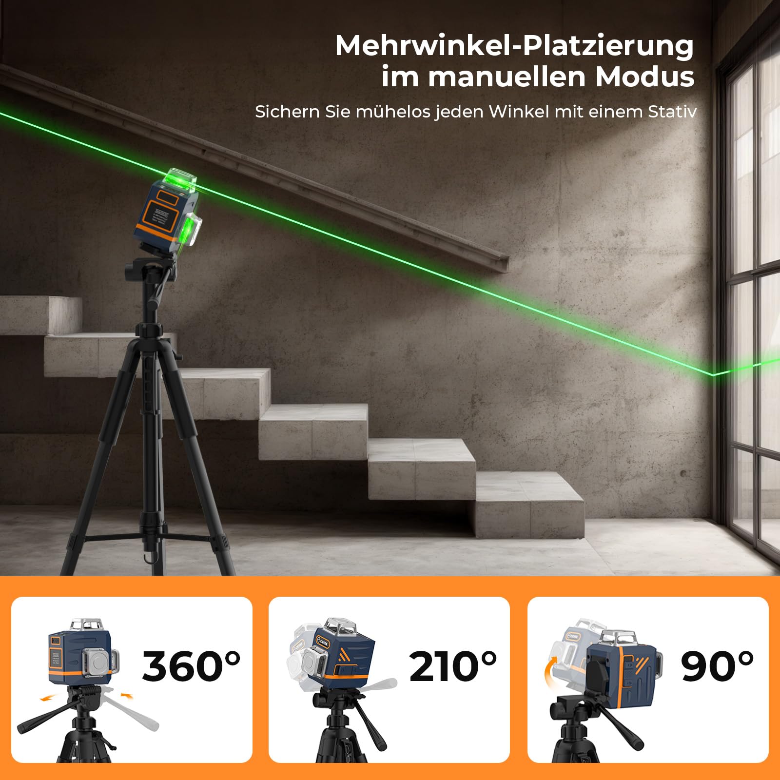 Kreuzlinienlaser mit Stativ, CIGMAN 3x360 Grad Grün Selbstnivellierend Laser Wasserwaage mit 1,2m -Aluminium-Baustativ, Baulaser Kreuzlaser Linienlaser bis zu 30 Stunden mit Lithium-Batterie,CM701T 4