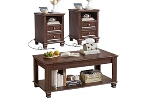 SAVOR LIFE Farmhouse Living Room Table Set,Rustic Wooden Coffee Table Set of 3,Large Coffee/End Side Tables with 2 Drawers for Living Room,Walnut