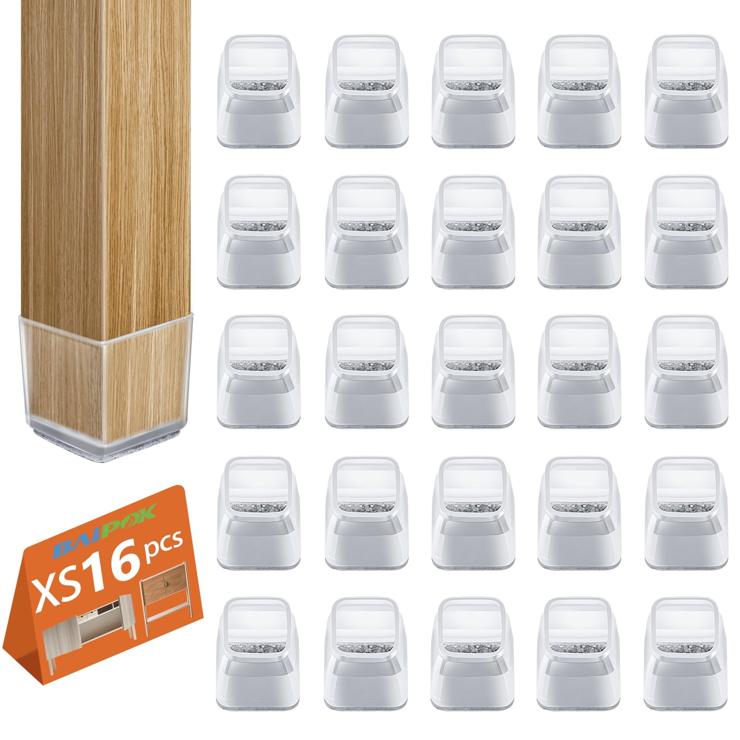16pcs Square Chair Leg Floor Protectors, Silicon Chair Leg Protection Covers, Rectangle Floor Protectors for Chairs, No Scratches and No Noise