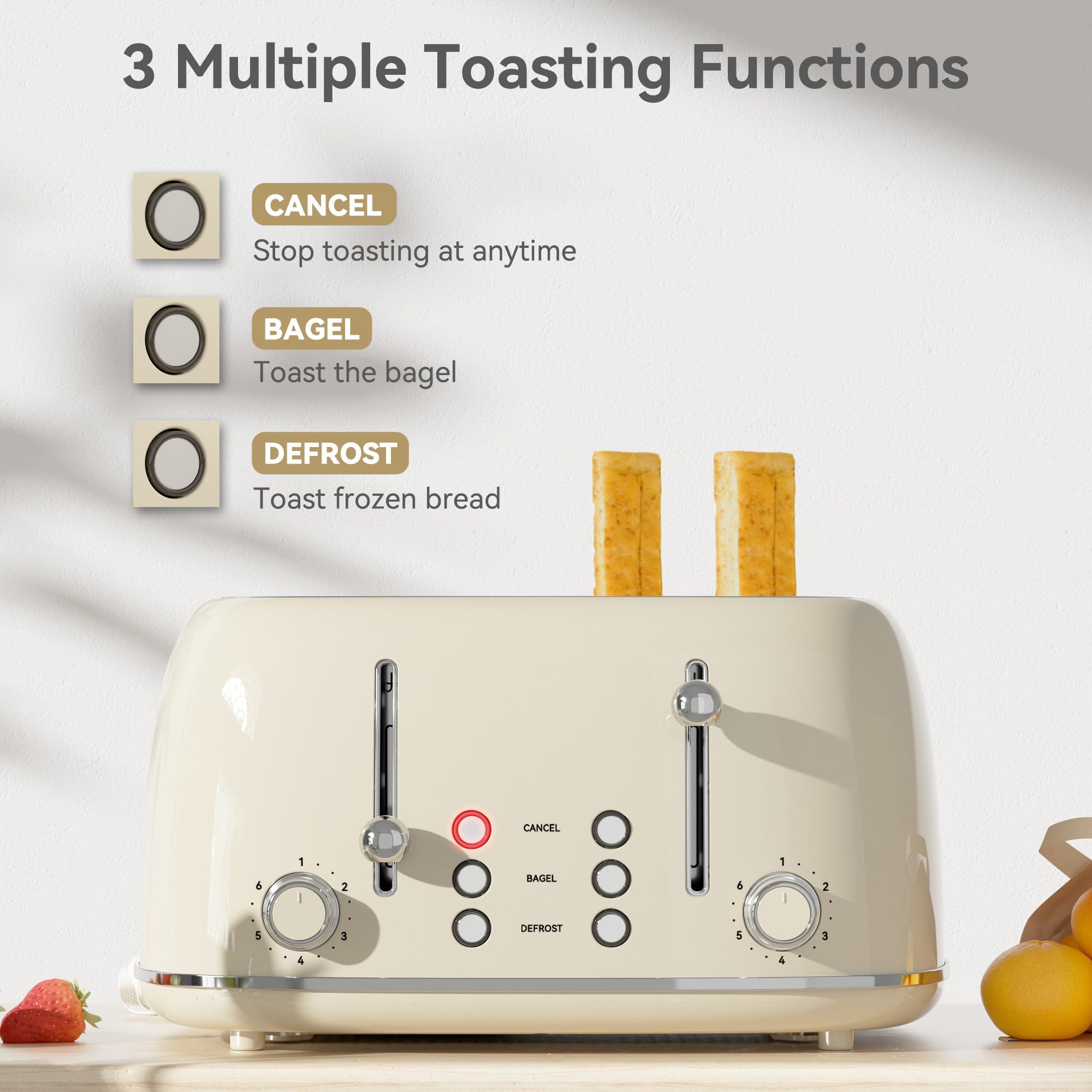 Tostadora de 4 rebanadas, acero inoxidable retro con 6 configuraciones de pantalla de pan, tostadora con ranuras de 1.5 pulgadas de ancho con funciones de cancelar/descongelar/recalentar, panel de control dual independiente, bandeja para migas de extracción (crema)
