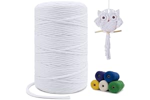 LEREATI Single Strand Macrame Cord 3mm x 220yards, White 3mm Macrame Cord Natural Cotton Macrame Rope Yarn, Thick Cotton Cord for Wall Hangings, Plant Hangers, DIY Crafts, Home Decorations