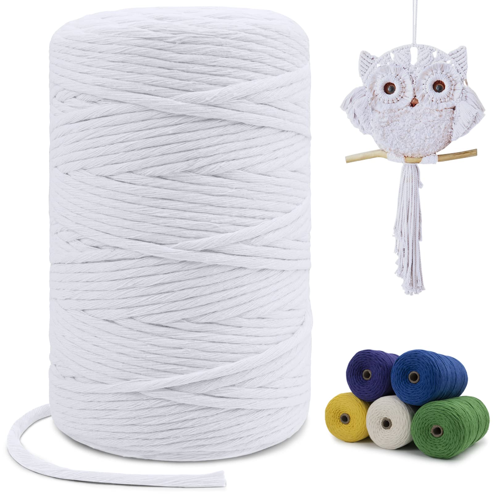 LEREATI Macrame Cord 3mm x 200m, Single Strand Thick Macrame Rope Yarn Natural Cotton Cord, Craft Macrame String for Plant Hanger, Wall Hanging, Knitting, DIY, Home Decorations (White)