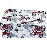 Viviland 3 Pieces Boys Grey Twin Sheet Set - Soft Microfiber Fitted Flat Sheets & Pillowcase - Red Motorcycle Print Bedding Sets - for Kids & Toddlers