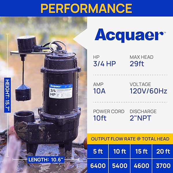 ACQUAER SEWAGE PUMP SUBMERSIBLE WATER PUMP WITH AUTOMATIC FLOAT SWITCH, FOR SUMP BASIN, RESIDENTIAL SEWAGE, 3/4 HP 6400 GPH SEWAGE PUMP WITH VETICAL FLOAT 2” NPT