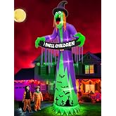12FT Giant Halloween Inflatables Witch Decorations for Outdoor Garden | Scary Witch Holds I Smell Children Banner LED Lights Blow Up Yard Halloween Decor Lawn Holiday Party Home with Stakes Tether