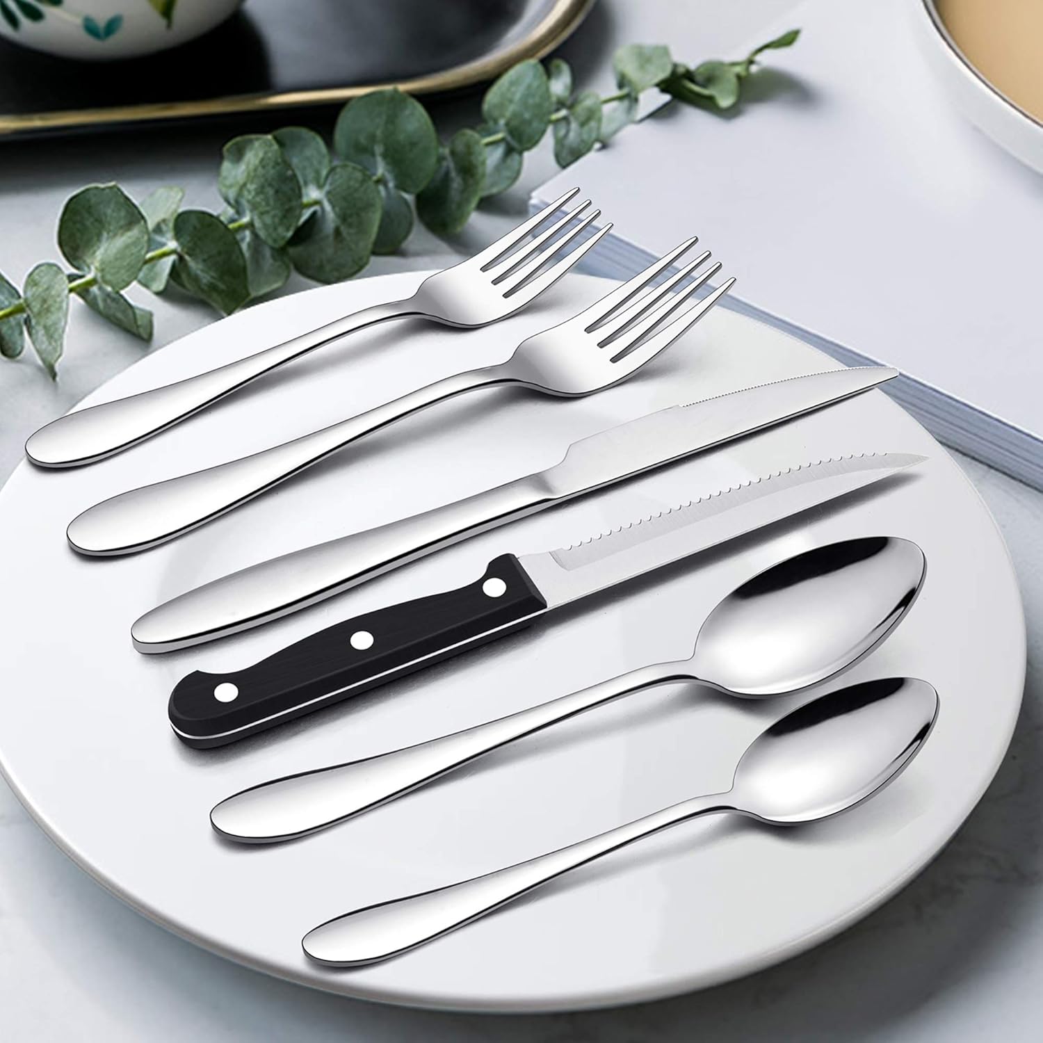  | LIANYU 48-Piece Silverware Set with Steak Knives, Stainless Steel Flatware Cutlery Set for 8, Eating Utensils Tableware Include Forks Knives Spoons, Dishwasher Safe: Flatware Sets