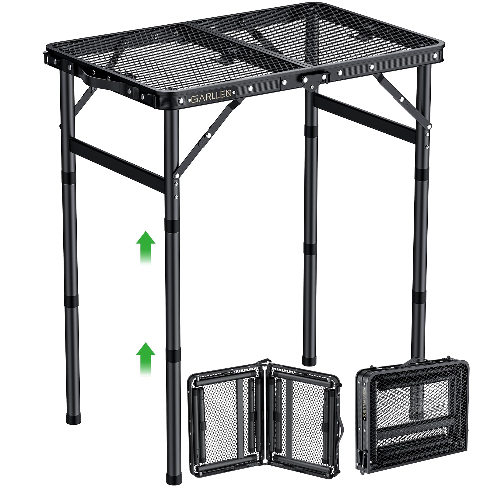 GARLLRN 2ft Folding Grill Table Max Height 70cm, 3-Height Adjustable Camping Table with Heat-Resistant Mesh Tabletop, Portable Aluminum Picnic Tables for BBQ, Camping, Outdoor, 22.8"L x 15.7"W