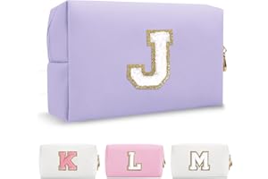 CHAOGREAT Personalized Makeup Bag Initial A-Z Preppy Patch Bag,Small PU Leather Travel Cosmetic Bag Pouch with Zipper,Purple Cute Toiletry Bag,Gift Ideal for Teen Girls Women Birthday Friend Mom,Latter J