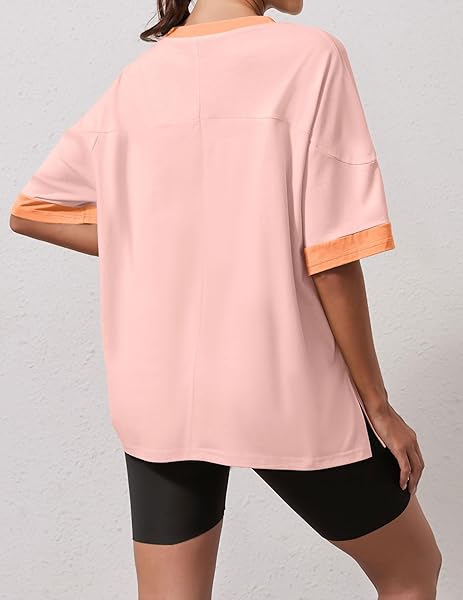 ZIESEXY OVERSIZED TSHIRTS FOR WOMEN COTTON COLOR BLOCK LOOSE FIT SHORT SLEEVE ROUND NECK CASUAL BASIC SUMMER TEE TOPS PINK, MEDIUM