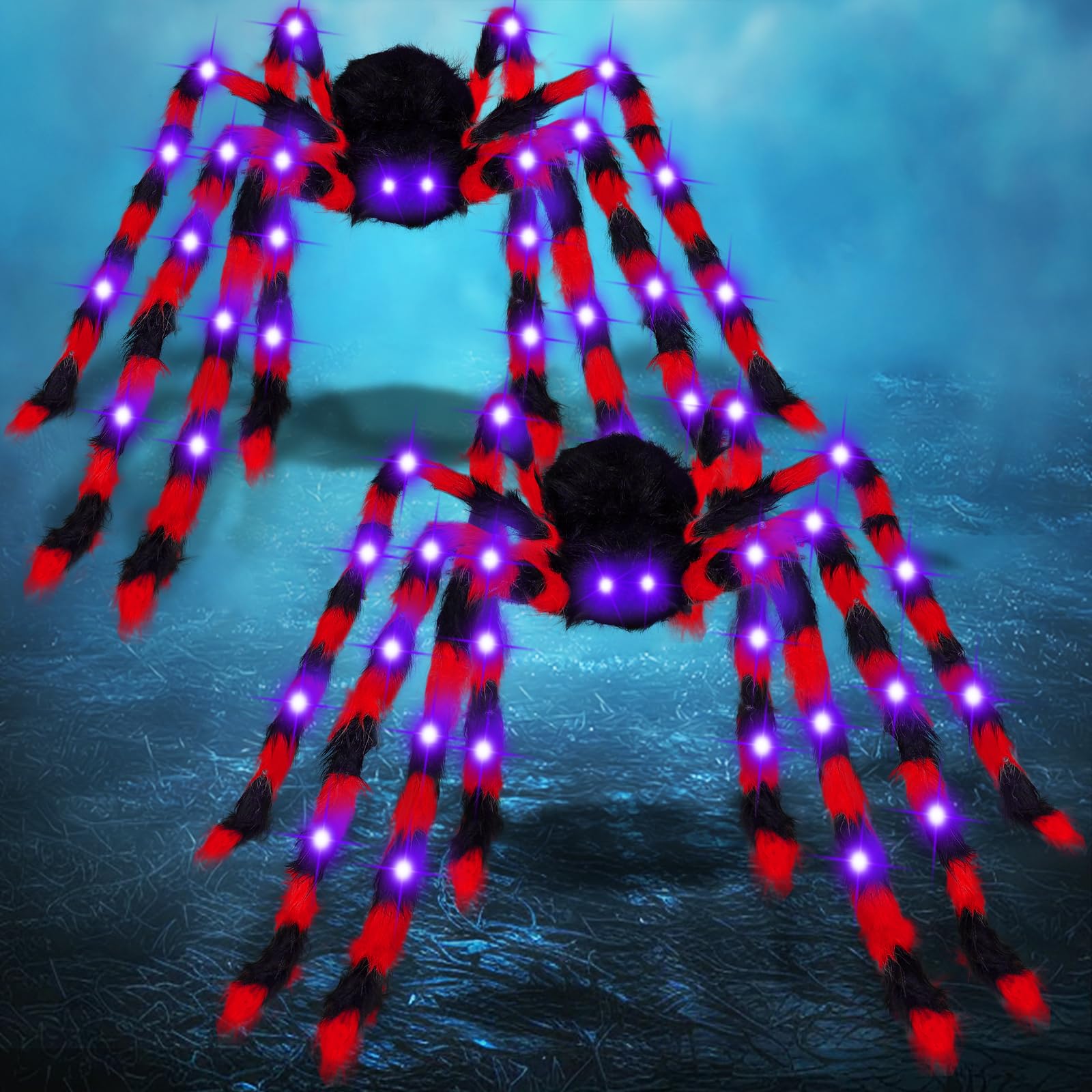 Photo 1 of 2 Pack 50 Inch Giant Halloween Light up Spiders Outdoor Decorations, Scary Giant Spider with 26 Purple LED Lights, Fake Large Spider for Indoor Outside Haunted Party Favor Yard Home House Props Decor