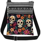 XiaoGalaee Sugar Skull Floral Print Crossbody Bag Day of The Dead Gift | Adjustable Strap Purse for Women & Men Messenger Bag Gift for Sister Best Friend Unique Birthday Holiday Present Idea