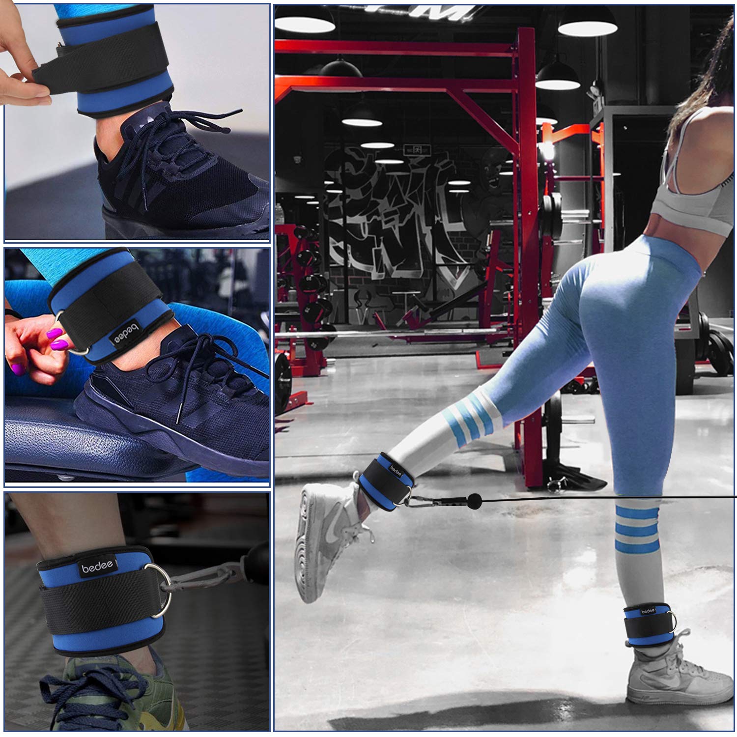 bedee Fußschlaufen Fitness Training Beintrainer Foot Ankle Straps für Frauen und Männer knöchelriemen Sport Fußschlaufe 2 Stück Gepolstert für Beintraining Seilzug Bein Fitness Training Blau