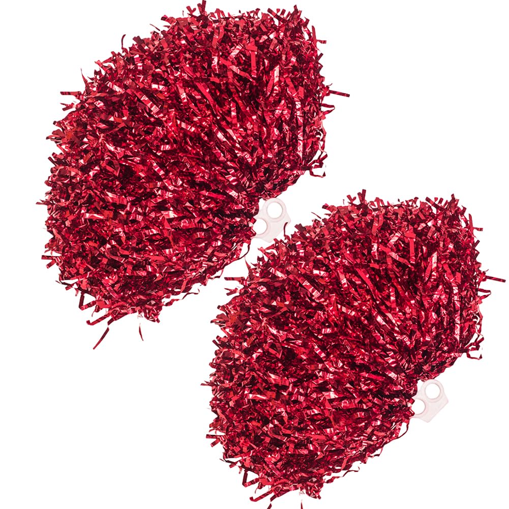 2 Pack Metallic Fluffy Cheerleading Pom Poms Ultra Shining Metallic Foil Cheerleader Pompoms Handheld Cheerleader Pompoms with Plastic Finger Ring for Team Spirit Sports Party Dance Cheering (Red)