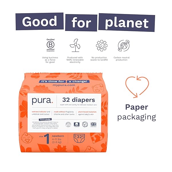 PURA HYPOALLERGENIC DIAPERS, SIZE 1 (4-11 LBS), NEWBORN, TOTALLY CHLORINE FREE, WETNESS INDICATOR, SUITABLE FOR SENSITIVE SKIN, SOFT ORGANIC COTTON COMFORT, OVERNIGHT, 1 PACK OF 32 BABY DIAPERS