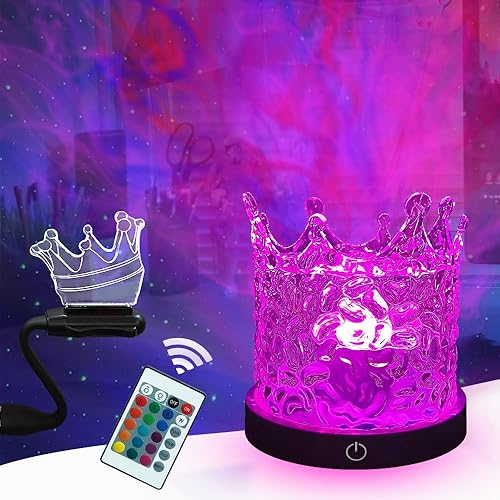 USB Dynamic Water Pattern Light Ocean Wave Galaxy Projector 16 Color Remote Dimming Table Lamp Creative Crown Model Water Ripple Light Touch Control Home Decor Party Gifts for Friends Students