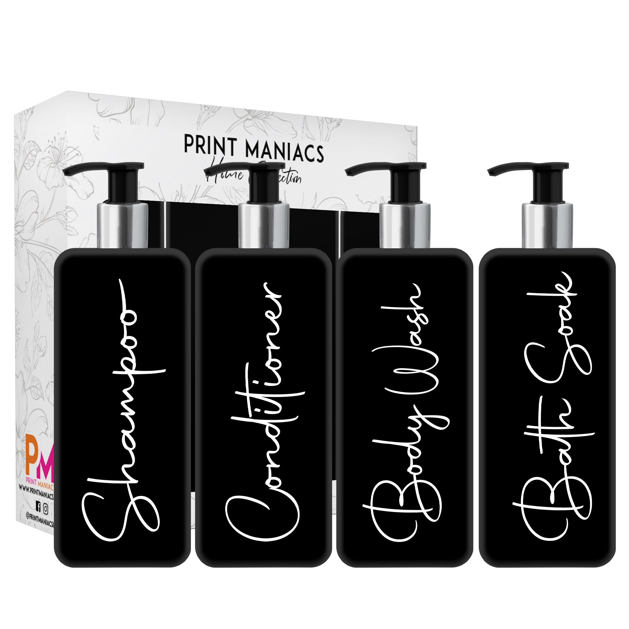 Print ManiacsMrs Hinch Inspired Signature Black 500ml Square Reusable Dispenser Bottle Silver Pump Personalised Bathroom Storage Toiletries Set F2 (White, Shamp, Con, Body Wash, Bath Soak)