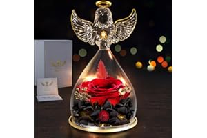 Impouo Angel Gifts for Women, Preserved Rose Flower in Glass Angel Figurines with LED Light, Mother's Day and Christmas Thanksgiving, Valentine's Day, Birthday Gifts for Grandma，Mom，Wife