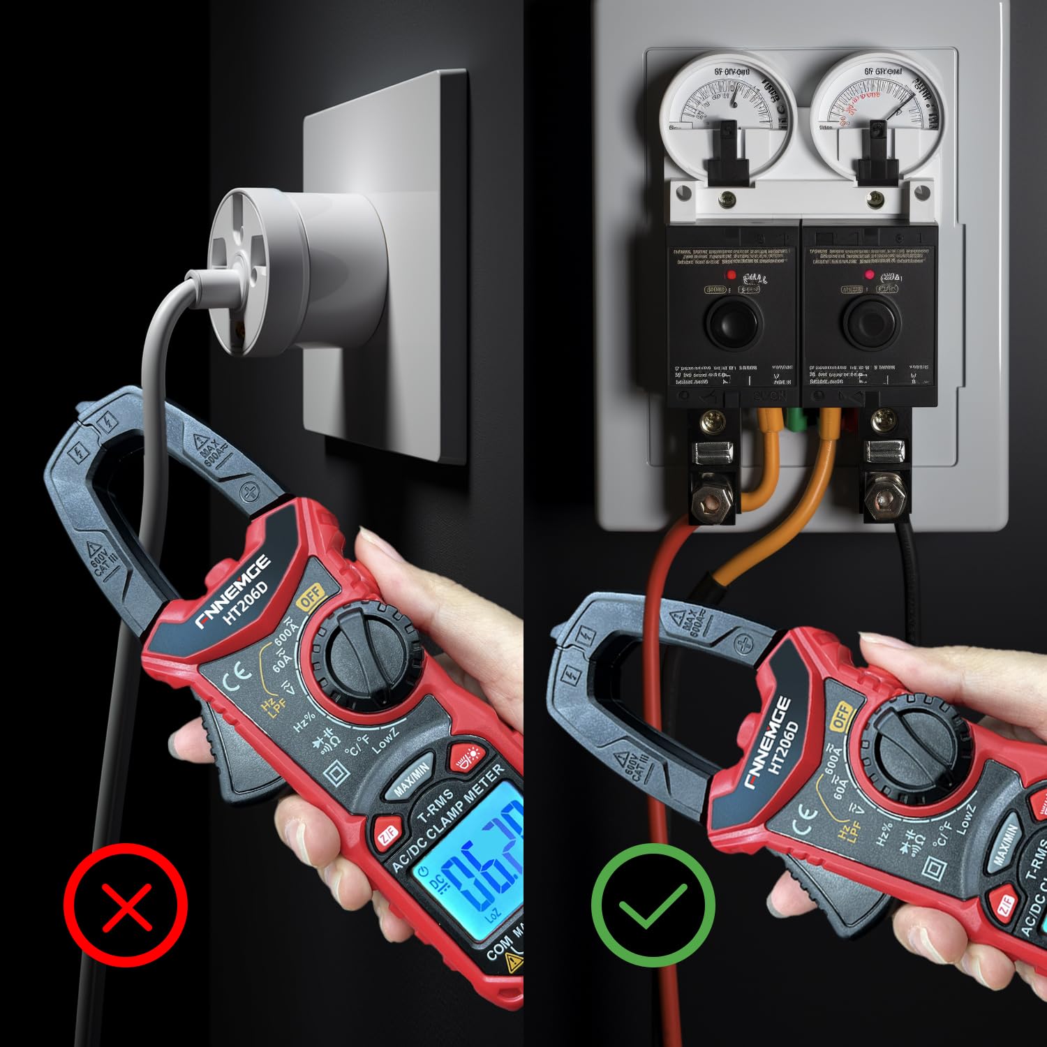 FNNEMGE HT206D Stromzange，Strommessgerät DC/AC Strom: 0-600A，Multimeter True-RMS 6000 Counts Auto-Ranging，misst Spannung Kapazität Durchgang (AC/DC-Strom) 7