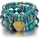 Frodete Crystal Layered Beaded Bracelets Boho Bracelets for Women Bohemian Stretch Stack Heart Charm Boho Outfits for Women Gifts for Christmas Stocking Stuffers