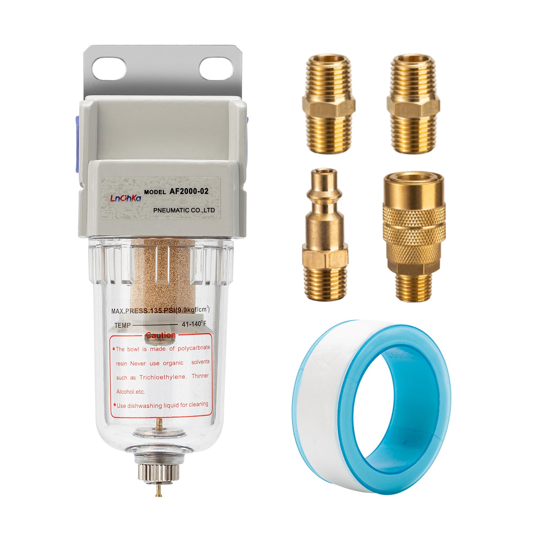 Photo 1 of LNCHKA Air Compressor Water Separator 1/4”NPT,Compressed Air Line Filter,Air Dryer for Compressor AF2000-02,5 Micron Brass Element,Manual Drain,Bracket