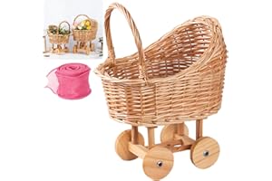 Vintage Rattan Baby Stroller Flower BasketWoven Rattan Stroller Shaped Flower Basket,with Handle,Wicker Carriage for Shower,f