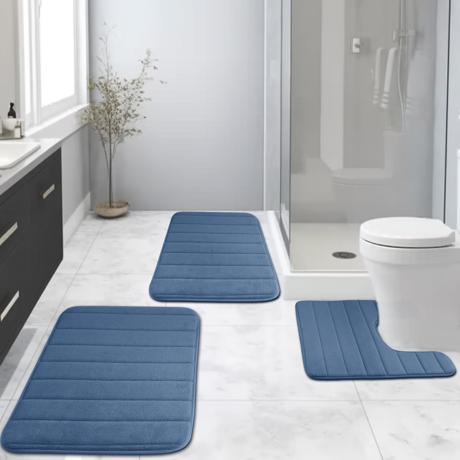 NAKIHOUSE 3 Pieces Memory Foam Bath Mat, Extra Soft Non-Slip, Super Absorbent Blue Bath Mats for Bathroom Floor, Machine-Washable Dry Bath Rug Foot Mat (40 * 60 + U50*50 + 50 * 80cm)