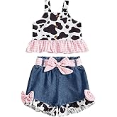 Emmababy Toddler Cowgirl Outfit Denim Set Kids Jean Shorts Ruffle Crop Tank Top and Ripped Denim Outfit Western Clothes 0-6T