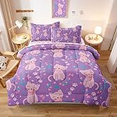 SIRDO 5 Piece Girls Cat Comforter Set Twin Size Bed in A Bag Pink Cute Cartoon Cats Bedding Set for Kids Teens (1 Comforter, 1 Flat Sheet, 1 Fitted Sheet, 2 Pillowcases), Purple Pink