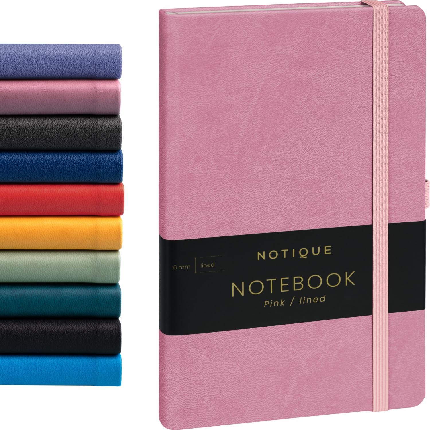 NOTIQUE Notebook Lined, Hardcover Notebook, Journal, Diary with Elastic Band and Pen Holder, 13 x 21 cm, 192 Pages (Pink, Lined)