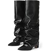 Synchoiss Womens Knee High Boots Wide Calf Chunky High Heel Boots Fashion Fold Over Boot Pointed Toe Winter Fall Tall Boots for Women Pull on Trendy