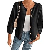 Cicy Bell Womens 3/4 Puff Sleeve Cardigan Sweater Fall Trendy Casual Button Up Loose Fit Cropped Knit Sweaters