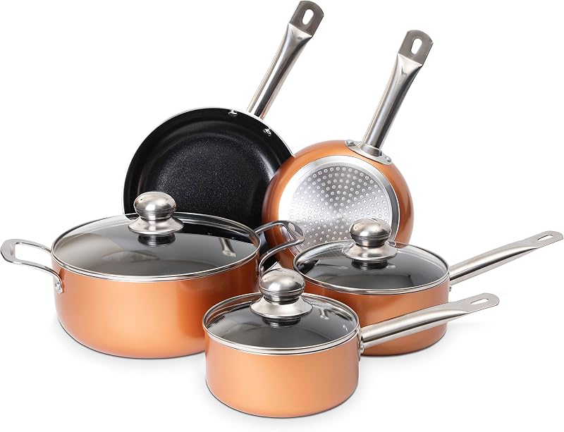 Nuovva Non Stick Pots and Pans Set Copper Induction 8pc with Lids