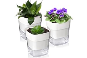 IWNTWY Self Watering Pots Set, 3 Pack 4.7 Inch Plastic Planter for Indoor Plants, Multifunction Plant Pot with Drainage Visible Reservoir for African Violet, Spider, Orchid (White)