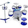 Costzon Kids Drum Keyboard Set with Stool & Microphone Stand, Jazz Drum Set with Cymbal, Multifunctional Digital Keyboard, DJ Kit, Music Stand, Percussion Instrument Toy for 3+ Boys & Girls (Blue)