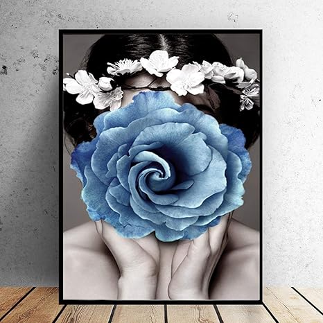 Amazon キャンバス絵画青い花と美女の壁画壁画アートポスターとプリントリビングルームオフィスの家の装飾23 6 X 31 4 60x80cm フレームレス ウォールステッカー オンライン通販
