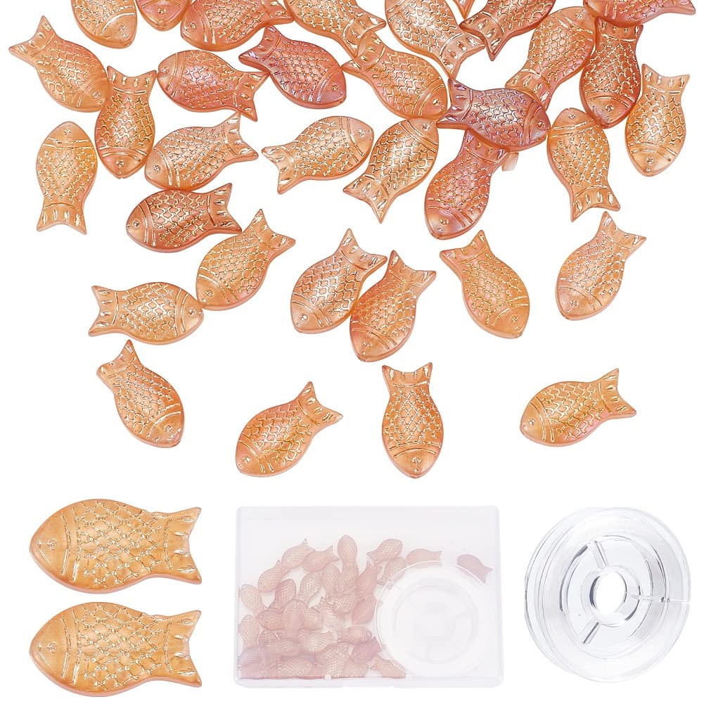 SUNNYCLUE 1 Box 50Pcs Glass Fish Beads Sea Ocean Animal Carved Frosted Electroplated Glass Beads Fishes Mermaid Bead Beading Bracelet Kit Elastic Crystal Thread Earring Necklace Supplies Salmon Pink