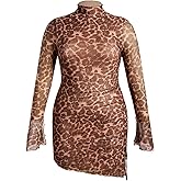BEAUDRM Women's Plus Size Bodycon Dresses Long Bell Sleeve Wedding Guset Dress Mesh Sheer Party Club Mini Short Dresses