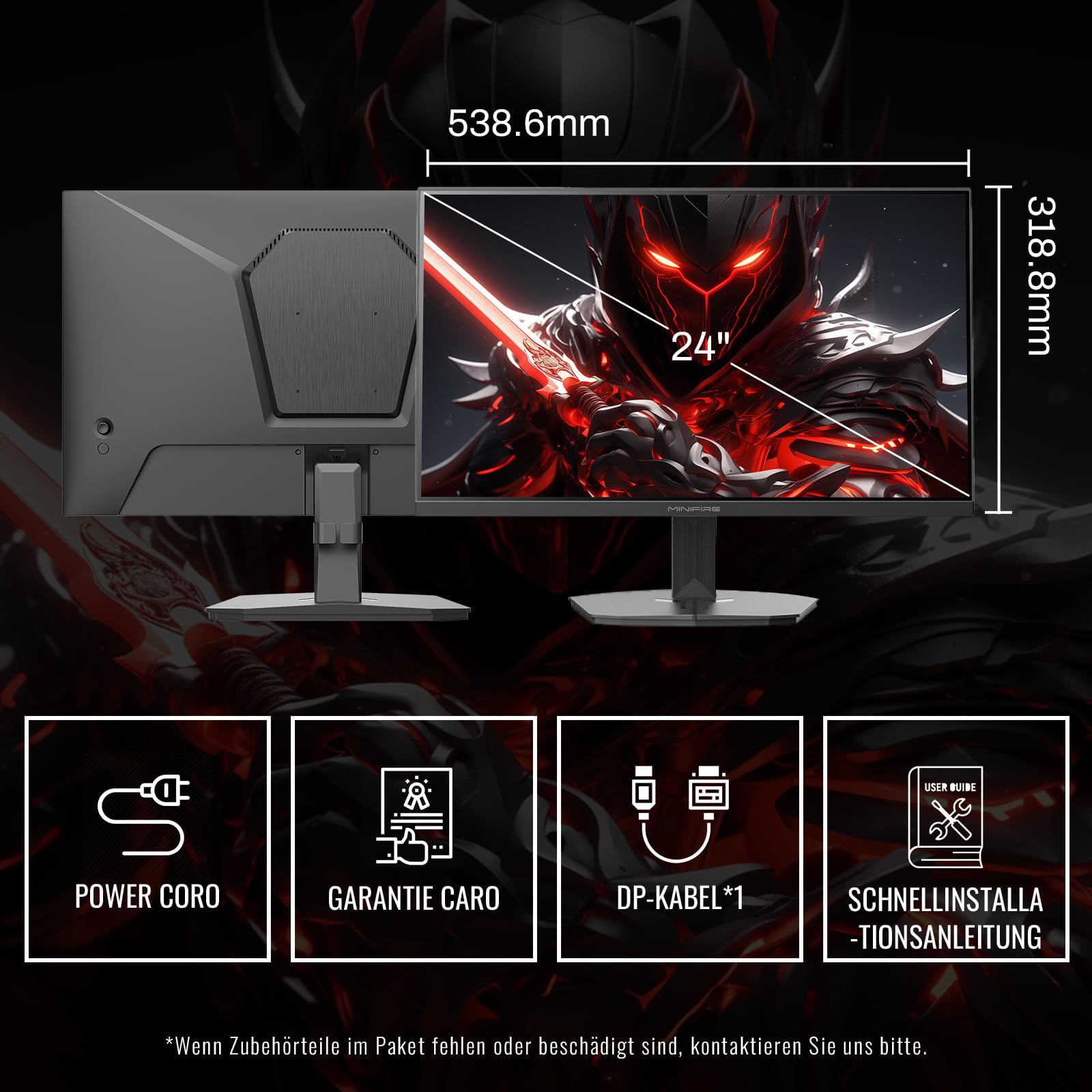 Minifire Gaming Monitor 24 Zoll, 180 Hz, 1ms, FreeSync, Full HD(1920 x 1080), Rahmenlos Bildschirm, Einstellbar, Low Blue Light, HDR 10,300Nits, sRGB 110%, 4000:1 Kontrast, HDMI 2.0&DP 1.2(MFG24F4L) 9