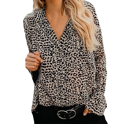 Strung Damen Leoparden Druck Shirt V-Ausschnitt Casual Top T-Shirt Frauen Langarm Bluse Tunika Sweatshirt Mädchen Pullover Ou