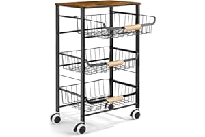 NANDAE Kitchen Storage Rolling Cart on Wheels, 4 Tier Metal Rolling Utility Cart Mesh Basket Pantry Cart Rack with Wooden Tabletop for Fruit Vegetable Onion Potato Storage