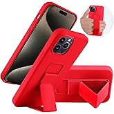 LAUDTEC Silicone Kickstand Case Compatible with iPhone 15 Pro, Vertical and Horizontal Stand Hand Strap Metal Kickstand Cover, Flexible Soft Liquid Silicone Stand Case for iPhone 15 Pro (Red)