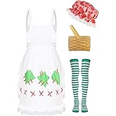 GLIGARA Women Halloween Strawberry Cake Costume Accessories Sweety Strawberry Hat Green Striped Socks Apron Basket for Halloween Cosplay Party