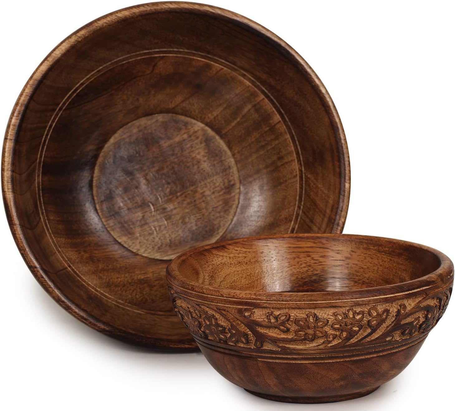 Photo 1 of ETROVES Wooden Fruit Bowl Wood For Kitchen Counter Bowl Set for Food/Fruit/Salad - Carved Wood Bowls for Decor - Medium and Small Set of 2, Brown