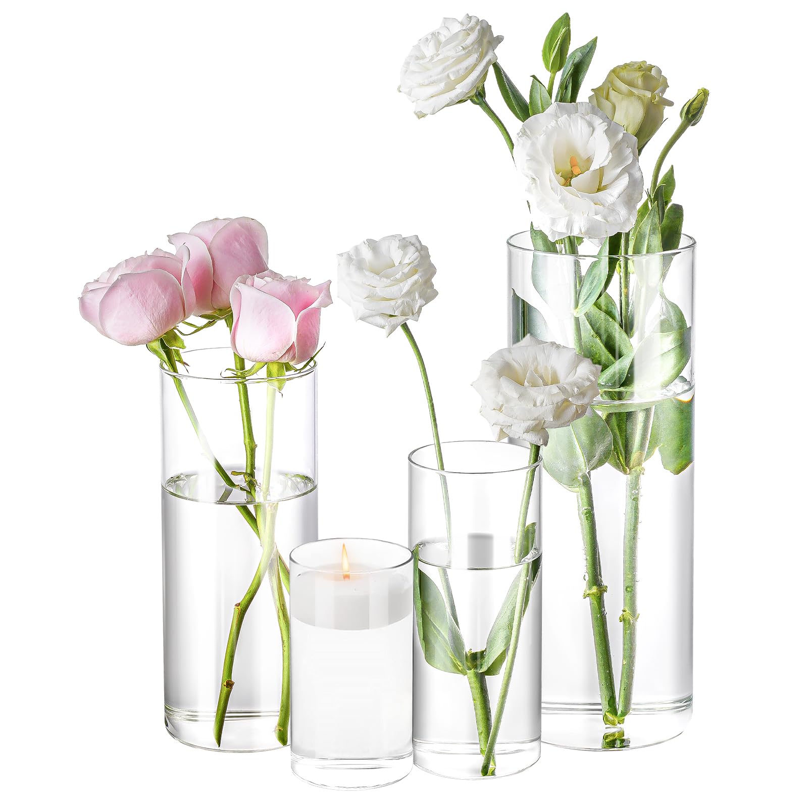 Photo 1 of 4 Pack Glass Cylinder Vases 4,6,8,10 Inch Tall Clear Flower Vase Hurricane Floating Candle Holder for Table Centerpiece Wedding Home Decor
