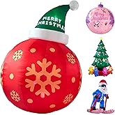 8ft Red Christmas Ball with Santa Hat Inflatable Outdoor Indoor Decor, Giant Blow Up IP44 Weatherproof Xmas Decorations for Yard, Built-in 7-Color LED Rotating Light for Gardern Lawn Winter Holiday
