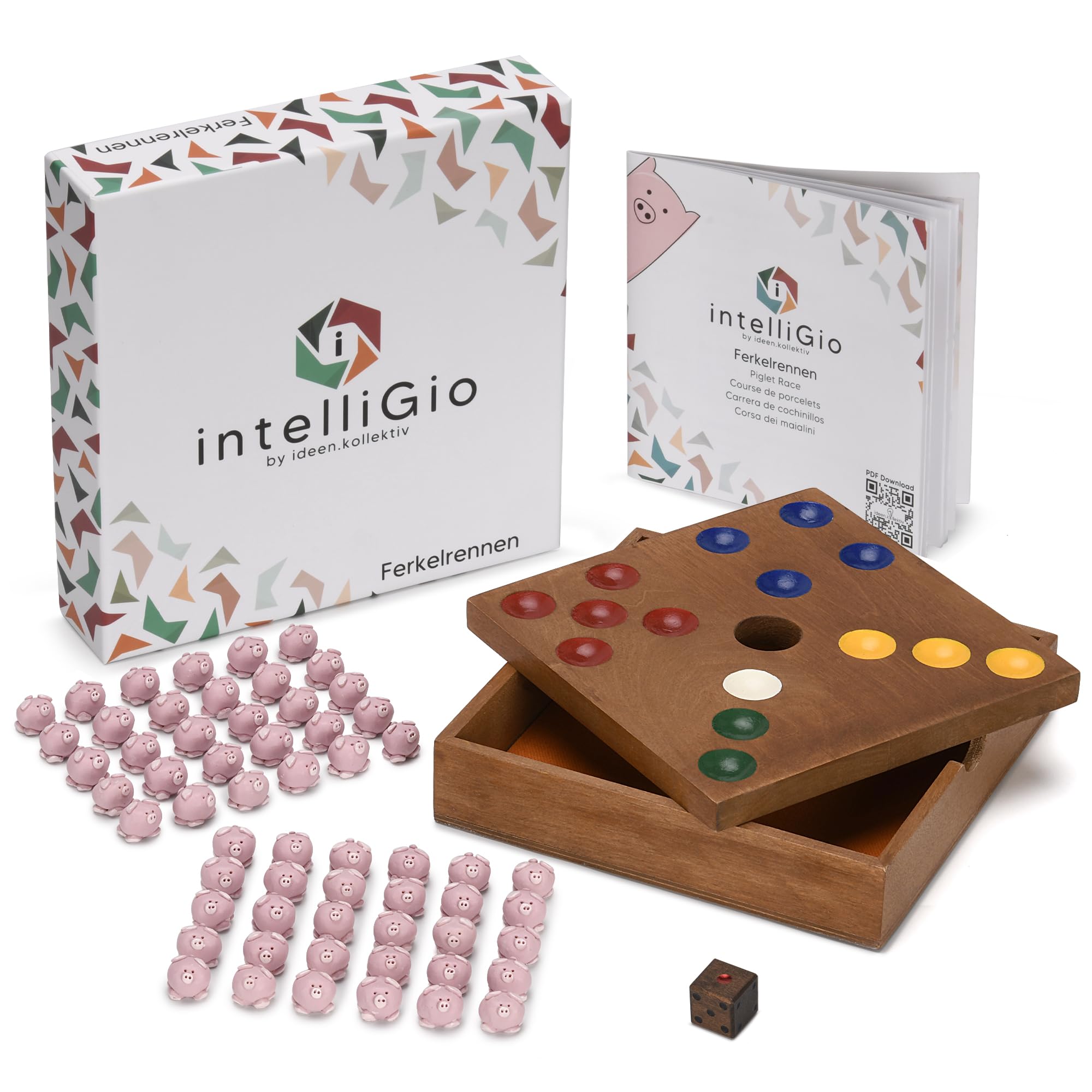 ideen.kollektiv Ferkelrennen - Brettspiel Würfelspiel Wutz Kooperationsspiel aus Holz Familienspiel Teambuilding Warmup-Spiel Borstenviehspiel