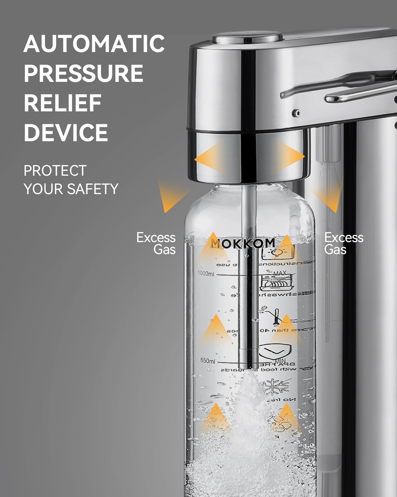 MOKKOM Sparkling Water Maker, Soda Streaming Machine with 1L PET Carbonating Bottle, Carbonates Any Drink, Soda Maker Compatible with 60L CO2 Carbonator (NOT Included) - Stainless Steel