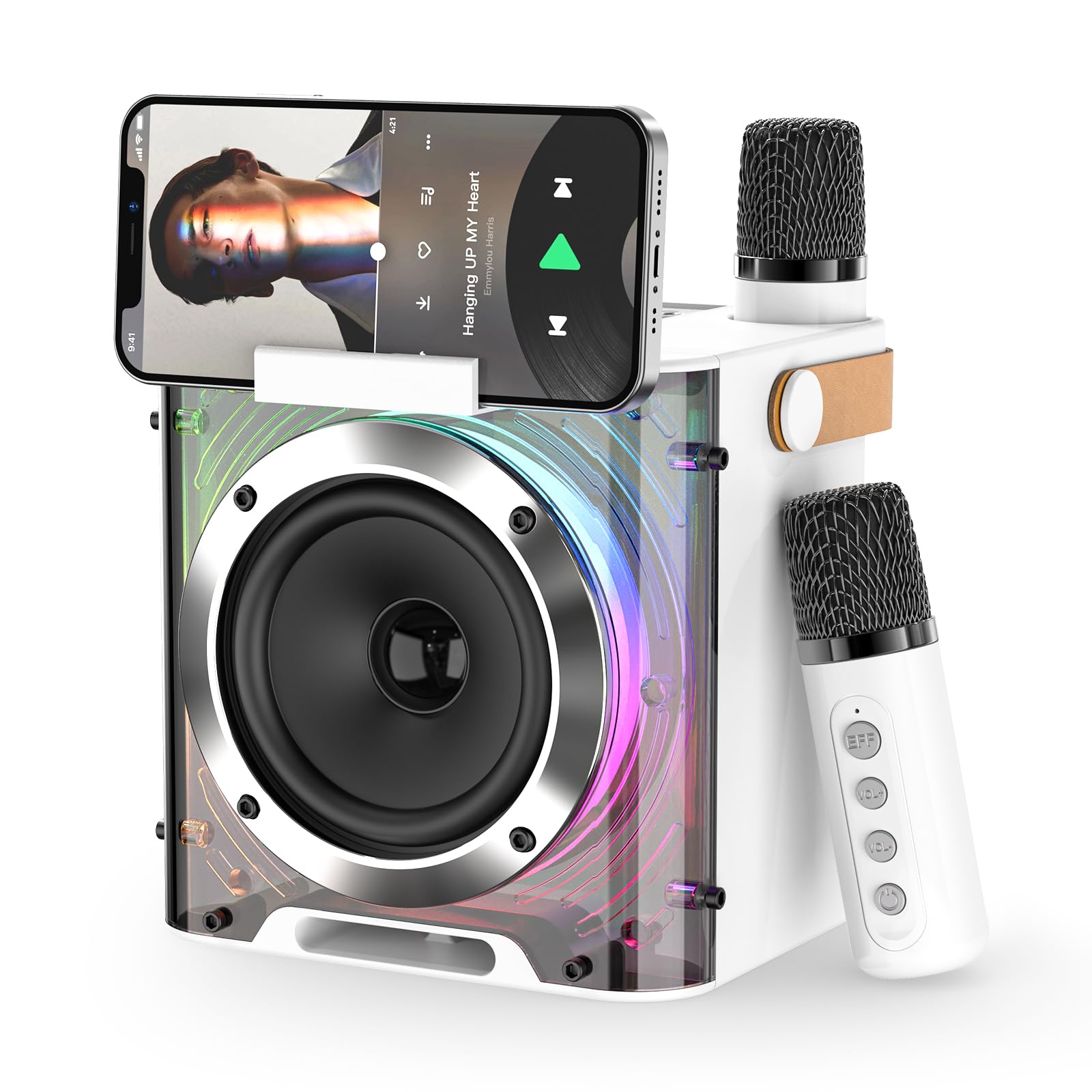 PKBD Karaoke Machine 2 Microphones for Adults Kids, Portable Bluetooth Speaker with 4 Voice Changing Effects and 5 Light Effects, Karaoke Speaker for Gift Home Party - Support TF Card, AUX (White)